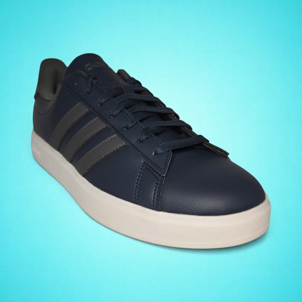 New Adidas Grand Court 2.0 men's navy blue and grey sneakers, size 9.5.
